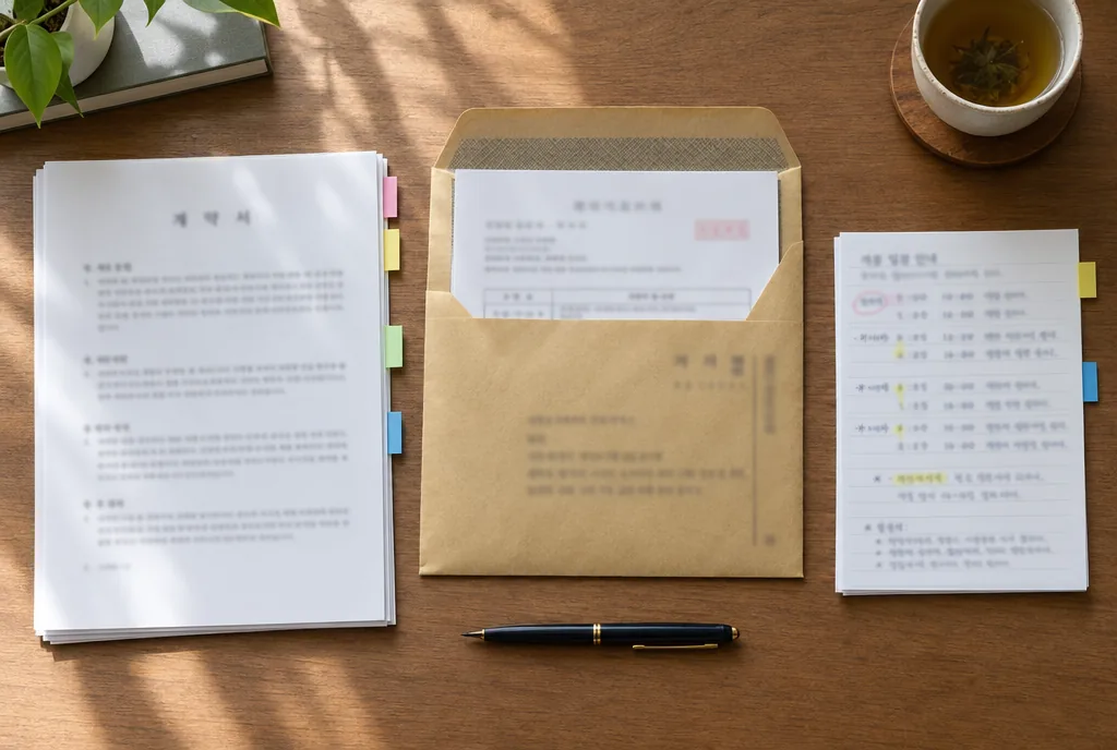 계약서, 송달봉투, 개업 일정 메모를 항목별로 펼쳐 정리한 책상