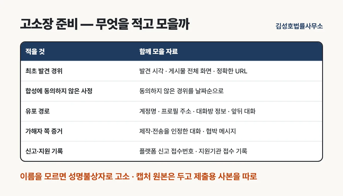 실제 피해 내용 없이 날짜별 경위와 증거 목록만 정리한 서류