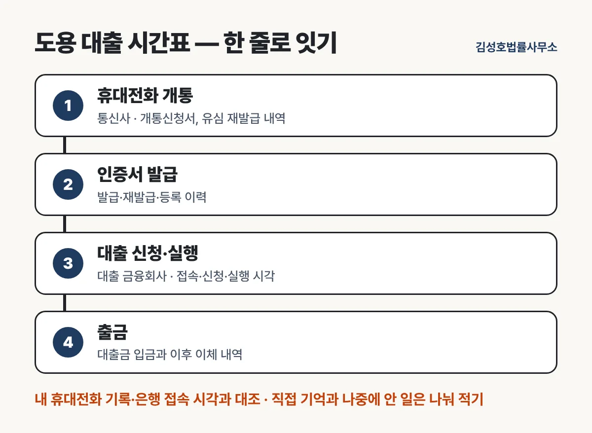 대출 약정일부터 자금 출금까지를 연결한 시간표와 자료철