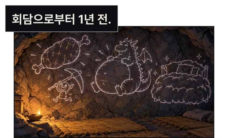 쪽잠굴 바위벽 가득한 분필 낙서. 커다란 고기 다리, 곡괭이가 자기보다 큰 고블린, 배만 불룩한 드래곤, 실제보다 훨씬 넓은 푹신한 침대. 회담장의 반듯한 서류에서 거친 낙서와 좁은 잠자리로 넘어간다. / 회담으로부터 1년 전.