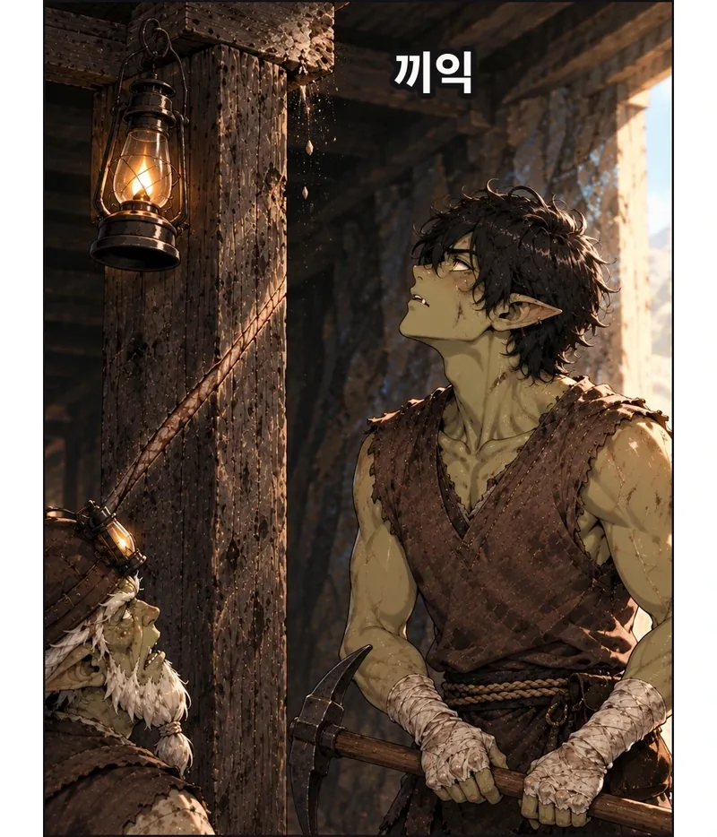 그림곱의 곡괭이가 멈춘다. 고개를 들자 08에서 돌이빨이 손댄 흠집 기둥과 가로보의 같은 이음새가 벌어지며 흙이 쏟아진다. 58의 측벽·램프가 유지되고 어깨 뒤 가장자리에는 가까운 문턱의 낮빛이 남는다. 위험을 감지한 눈과 잠깐 멎은 손을 함께 보인다. / (효과음) 끼익