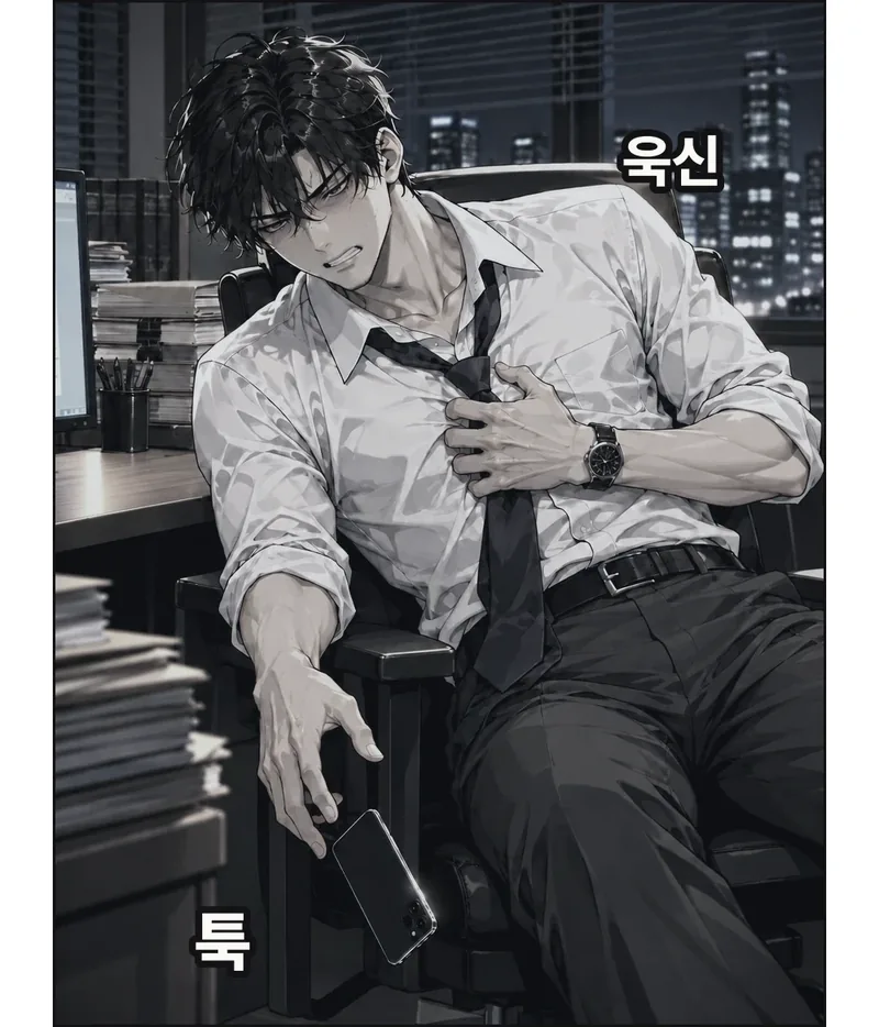 가슴을 움켜쥔 왼손에 힘이 들어가고 김성호의 몸이 의자 옆으로 기울어진다. 오른손에서 방금 든 휴대폰이 빠져나간다. 59의 불편함이 악화된 장면이며 특정 진단이나 사인을 설명하지 않는다. 멋진 마지막 포즈가 아니라 몸을 지탱하지 못하는 모습이다. / (효과음) 욱신 / (효과음) 툭
