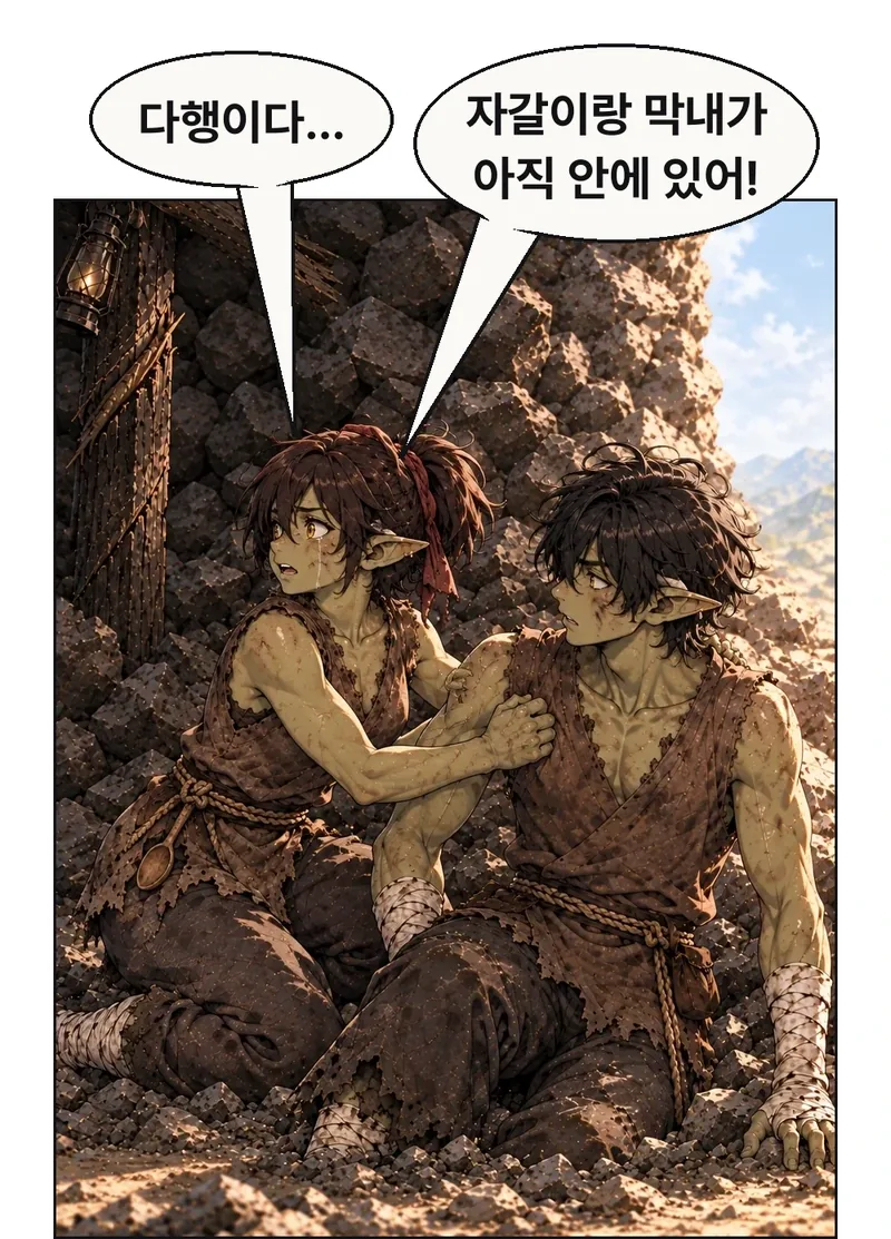 같은 문턱 바깥 가장자리에서 빈그릇이 그림곱의 어깨를 붙잡고 잔해에서 몸을 빼내도록 돕는다. 눈을 뜬 안도는 짧다. 그녀의 시선이 그의 등 뒤 막힌 안쪽 통로로 옮겨 가고, 그림곱도 그 방향을 본다. 짧은 눈물 자국, 굳은 입가, 먼지 묻은 떨리는 손. 앞쪽 낮빛과 뒤쪽 돌무더기는 21 그대로다. 물줄기 같은 눈물이나 개그 얼굴은 없다. / 빈그릇: 다행이다… / 빈그릇: 자갈이랑 막내가 아직 안에 있어!