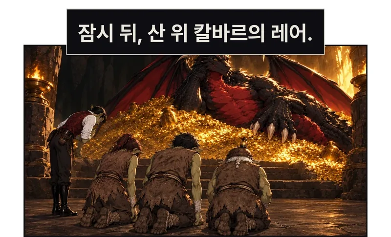 광산에서 끌려온 일꾼들이 산 위 레어 바닥에 엎드려 있고 그락이 금화 산 앞까지 나아간다. 거대한 칼바르가 위에서 내려다본다. 광산 램프와 갱목 대신 금화와 높은 암벽으로 장소 변화를 보여 준다. / 잠시 뒤, 산 위 칼바르의 레어.