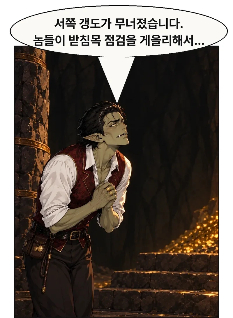 그락이 위쪽 칼바르를 향해 허리를 굽히고 보고한다. 시선이 왕에게 붙들리고 이마에 땀이 맺힌다. / 그락: 서쪽 갱도가 무너졌습니다. 놈들이 받침목 점검을 게을리해서…