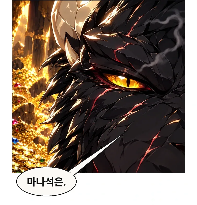 반쯤 뜬 칼바르의 금빛 눈. 방금 보고를 끊는다. 그락의 주관 시점이라 정면에 가까운 왕의 시선이 허용된다. / 칼바르: 마나석은.