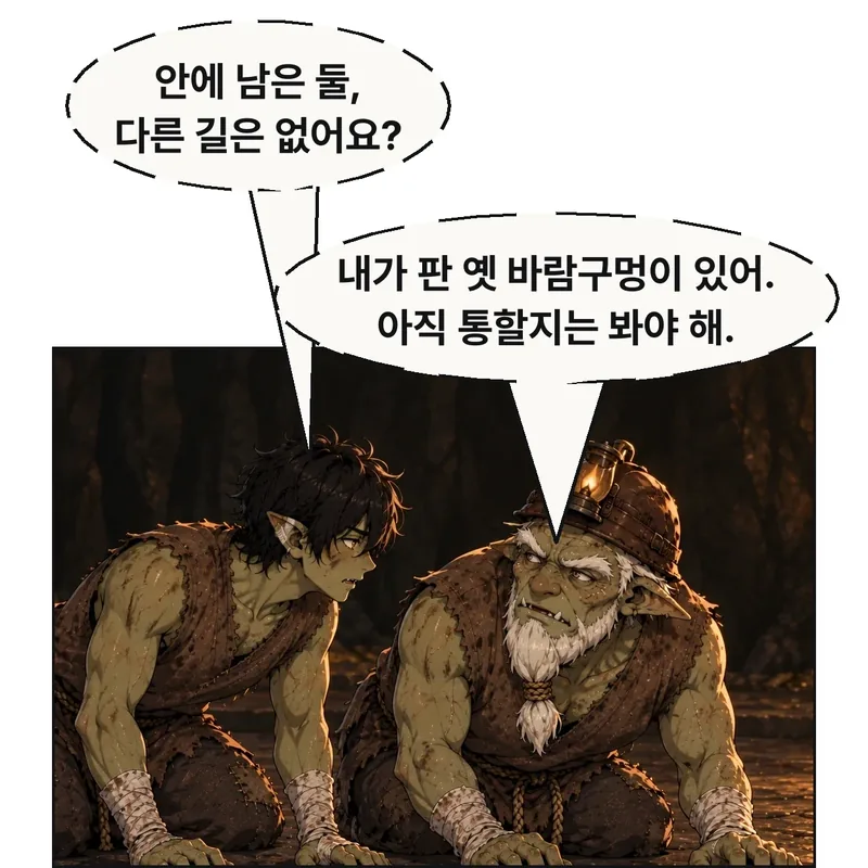 그림곱이 무릎 꿇은 채 옆의 돌이빨 쪽으로 몸을 조금 기울여 속삭인다. 둘의 옆모습 또는 그림곱 어깨 너머 구도. 두 눈이 모두 독자를 향하지 않는다. 빈그릇에게 들은 두 매몰자를 살릴 방법부터 묻는다. / 그림곱: 안에 남은 둘, 다른 길은 없어요? / 돌이빨: 내가 판 옛 바람구멍이 있어. 아직 통할지는 봐야 해.