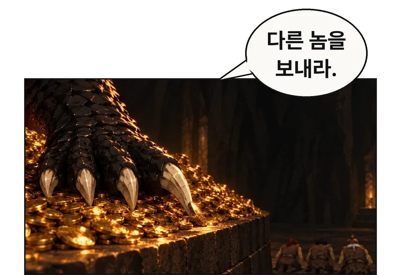 금화 위에 놓인 칼바르의 앞발. 발톱 끝이 금화 한 닢을 밀어내고 화면 아래 멀리 엎드린 노동자의 등이 작게 걸린다. 왕의 얼굴을 또 반복하지 않는다. 일꾼들의 목숨에 관심이 없다는 태도가 느린 손동작에 묻어난다. / 칼바르: 다른 놈을 보내라.