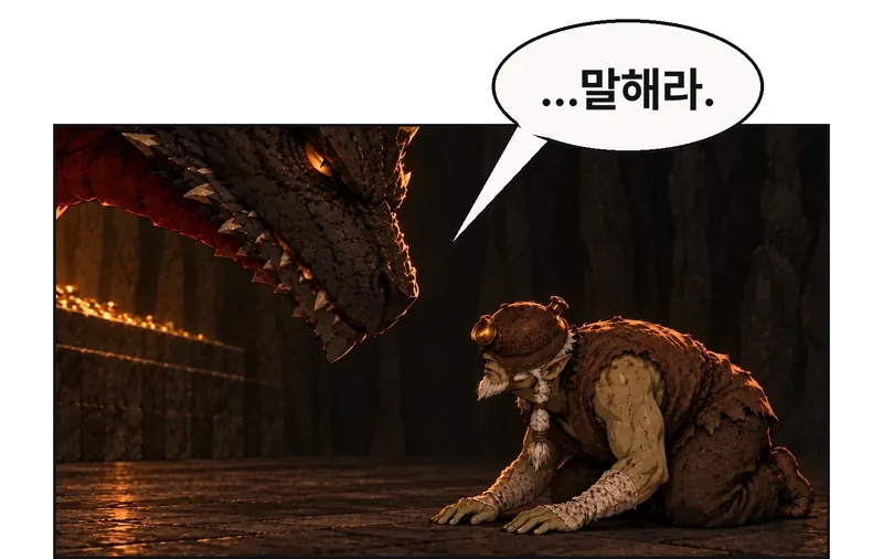 잠깐의 침묵 뒤 칼바르의 눈이 돌이빨에게 향한다. 대답을 요구받은 사람이 돌이빨임을 구도로 보인다. / 칼바르: …말해라.