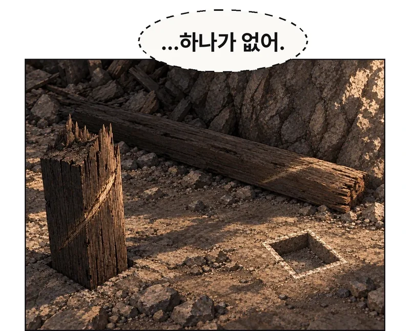벽 바로 아래 같은 보강틀 자리로 시선이 내려간다. 08에서 돌이빨이 짚었던 흠집 기둥은 부러진 밑동과 옆으로 쓰러진 윗부분이 남았고, 바로 옆 짝 지지 자리에는 얕은 빈 홈만 보인다. 바깥에서 이 벽을 보는 구도에서 밑동은 왼쪽, 빈 홈은 오른쪽이다. 48에서 보인 위치와 일치해야 한다. 붕괴로 사라졌는지 그 전에 치웠는지는 이 장면만으로 단정하지 않는다. / (생각) 그림곱: …하나가 없어.