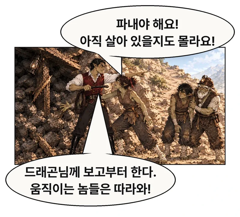 무너진 입구 바깥. 빈그릇이 잔해 쪽으로 돌아가려 하자 그락이 팔과 채찍 자루로 길을 막는다. 다른 팔로 산 위 길을 가리킨다. 먼지를 뒤집어쓴 생존자들이 멈춰 서고 그림곱은 부축을 받으며 뒤를 돌아본다. 구조를 마친 것이 아니라 강제로 현장을 떠나게 되는 순간이다. / 빈그릇: 파내야 해요! 아직 살아 있을지도 몰라요! / 그락: 드래곤님께 보고부터 한다. 움직이는 놈들은 따라와!