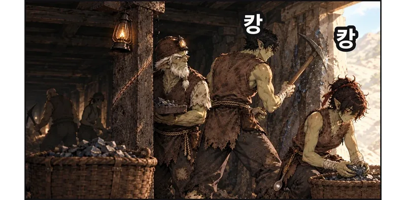 조금 뒤, 입구 문턱에서 몇 걸음 안쪽의 측벽 마나석 맥. 그림곱은 사선 뒷모습으로 곡괭이를 내리치고, 빈그릇은 돌을 바구니에 담는다. 둘의 등 뒤 한쪽에 바로 바깥의 낮빛이 보인다. 돌이빨은 08에서 짚은 흠집 기둥 곁에서 일을 돕는다. 그 기둥 위의 같은 이음새와 보조 램프를 한 화면에 둔다. 자갈과 막내는 이 보강틀보다 더 안쪽 어두운 통로에서 일하는 서로 다른 작은 실루엣이다. 가까운 세 사람과 안쪽 둘 사이에 곧 무너질 입구 천장 구간이 놓인다. 보강틀의 짝 기둥 자리와 밑동은 전경 바구니에 가려져 있다. 실제 채굴 동작을 보여 준 뒤 붕괴한다. / (효과음) 캉 / (효과음) 캉