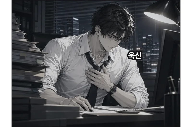 사선 옆에서 본 김성호. 읽던 손을 멈추고 왼손을 가슴에 얹는다. 미간이 좁아지고 숨을 한 번 고른다. 통증 때문에 작업이 잠깐 끊겼다는 것을 보여 준다. 오른손은 아직 책상 위에 있다. / (효과음) 욱신