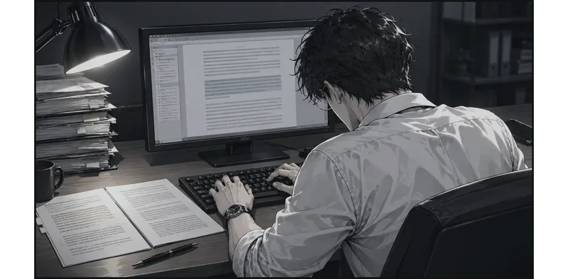 김성호의 어깨 뒤 사선에서 모니터와 책상을 본다. 대조한 두 서류를 키보드 옆에 놓고, 문서의 한 문단을 고쳐 입력한다. 화면에는 작은 문단 형태만 있고 읽히는 사건 내용은 없다. 자료 확인이 실제 작성으로 이어지는 컷이다. 같은 머그잔·스탠드·서류 더미를 유지한다.