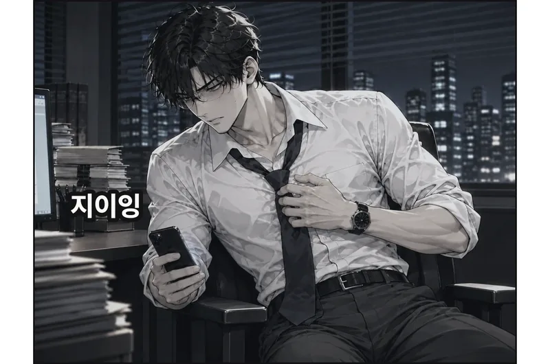 책상 오른쪽에서 휴대폰이 울리자 김성호가 오른손으로 집어 든다. 등받이에서 몸을 떼려다 다시 미간을 찌푸리고 왼손을 가슴 쪽으로 가져간다. 전화는 아직 받지 않았다. 화면 글자는 여기서는 읽히지 않는다. 휴대폰을 들게 된 이유와 되살아난 통증을 함께 보여 준다. / (효과음) 지이잉