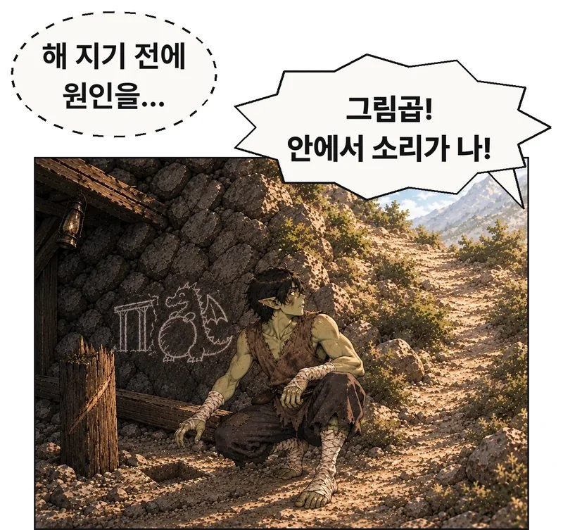 그림곱이 손을 멈추고 오른쪽 위 산길에서 들린 빈그릇의 목소리 쪽으로 고개만 돌린다. 빈그릇은 아직 화면 밖이다. / (생각) 그림곱: 해 지기 전에 원인을… / (외침) 빈그릇: 그림곱! 안에서 소리가 나!