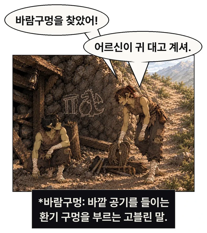 넓은 입구 전경. 막힌 갱구는 왼쪽, 산길은 오른쪽 위. 산길에서 내려온 빈그릇이 입구 옆 연장 더미의 줄 꾸러미를 집어 든다. 그림곱 쪽으로 고개를 돌려 말하고, 허리 물통은 그대로다. 돌이빨은 위 통풍구에 남았다. 줄을 가지러 내려온 목적을 동작으로 보인다. 아래 흰 여백에 바람구멍의 짧은 주석 자막을 두고 그림·대사와 분리한다. / 빈그릇: 바람구멍을 찾았어! / 빈그릇: 어르신이 귀 대고 계셔. / *바람구멍: 바깥 공기를 들이는
환기 구멍을 부르는 고블린 말.