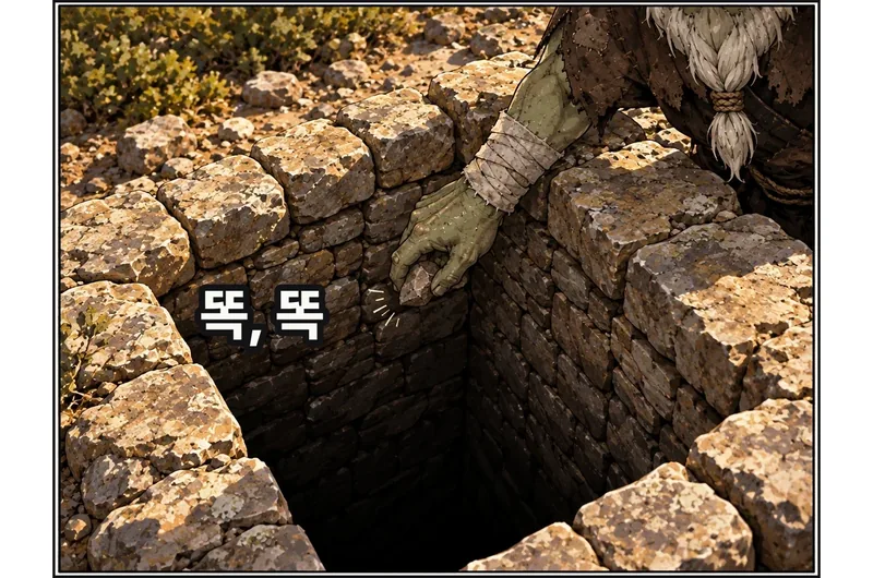 돌이빨의 연결된 손이 네모 구멍 안쪽 위 돌벽을 작은 돌로 두드린다. 손은 테두리 바로 아래까지만 닿는다. 돌 테두리를 깨는 힘찬 타격이 아니라 아래 동료에게 보내는 짧은 신호다. 위에서 떨어지는 빛과 어두운 수직 벽을 함께 남긴다. / (효과음) 똑, 똑