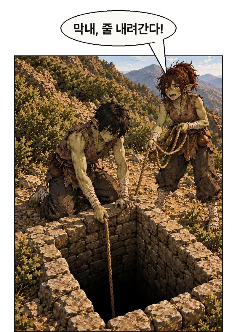 그림곱이 테두리 밖 땅에 무릎을 댄 채 같은 줄 끝을 수직으로 아래에 내린다. 다른 손과 상체는 테두리 밖에서 지지된다. 빈그릇은 오른쪽 뒤에서 줄의 남은 길이를 풀며 아래 막내에게 부른다. 구멍 속에 그림곱의 무릎을 받치는 선반을 새로 만들지 않는다. / 빈그릇: 막내, 줄 내려간다!