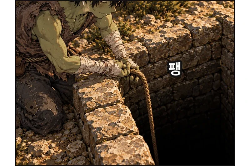 구멍 위 테두리 밖에 무릎을 댄 그림곱의 두 손에서 줄이 팽팽해진다. 아래 막내가 줄을 잡아 체중을 싣는 신호. 팔은 몸으로 이어지고 두 무릎과 발은 바깥 땅에 있다. 한 줄이 테두리를 넘어 곧장 아래로 꺾이는 모습으로 위치를 잇는다. / (효과음) 팽