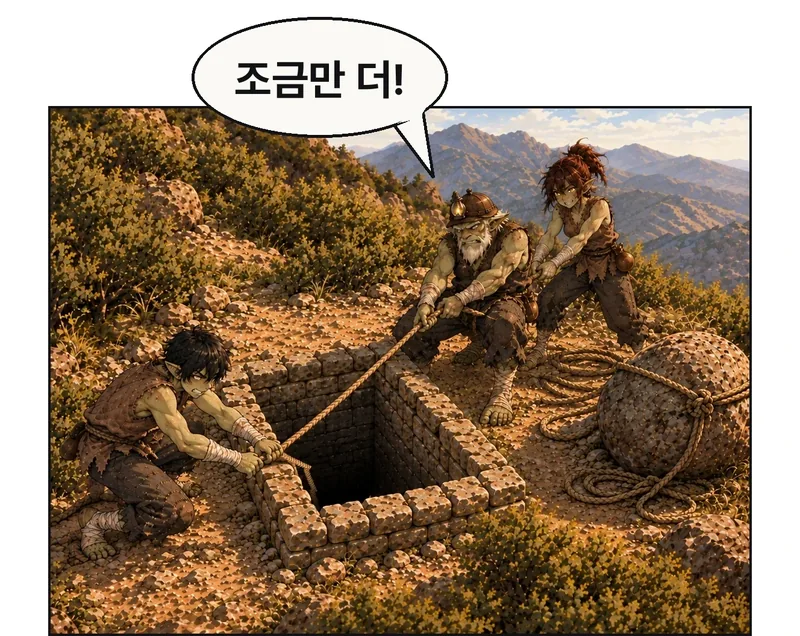 17과 같은 바깥 사선. 그림곱은 왼쪽 가까운 테두리에서 몸을 낮추고 줄을 당긴다. 돌이빨은 오른쪽, 빈그릇은 그 뒤에서 같은 줄을 함께 당긴다. 끌어올린 여유 줄은 고정 바위 쪽 땅에 모인다. 세 사람의 발·무릎이 바깥 평지에 지지되며 아래 막내는 줄을 잡고 벽을 디딘다. 구멍은 07·15와 같은 폭, 한 사람만 통과한다. / 돌이빨: 조금만 더!