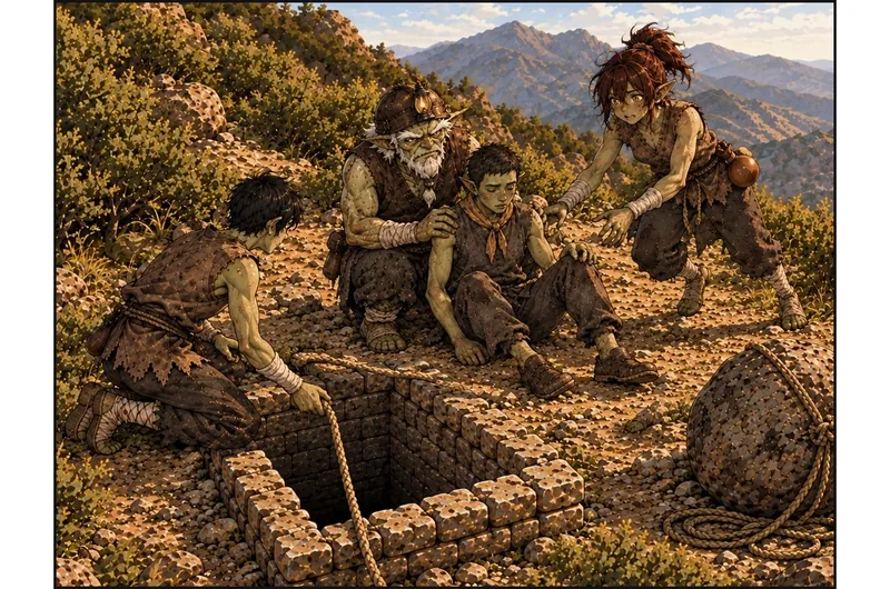 막내가 네모 구멍 테두리를 완전히 넘은 뒤, 구멍 오른쪽 뒤의 같은 선반 평지에 앉는다. 돌이빨이 어깨와 등을 받친다. 여기서 막내 얼굴을 처음 보인다. 갓 성년인 열아홉 전후, 짧은 직모·황토색 목수건·가는 몸과 앳된 얼굴. 다른 광부보다 반 뼘 작은 체격, 짧게 굽힌 허벅지·정강이와 양발까지 정상 비례로 보인다. 그림곱은 테두리 왼쪽에서 손을 풀고, 빈그릇은 막내 곁으로 옮겨 살핀다. 같은 줄의 안쪽 끝은 구멍 바닥에 남고 바깥 여유분은 고정 바위 곁에 있다. 두 번째 줄이나 높은 선반에서 다시 들어올리는 동작은 없다. 물통은 아직 빈그릇 허리.