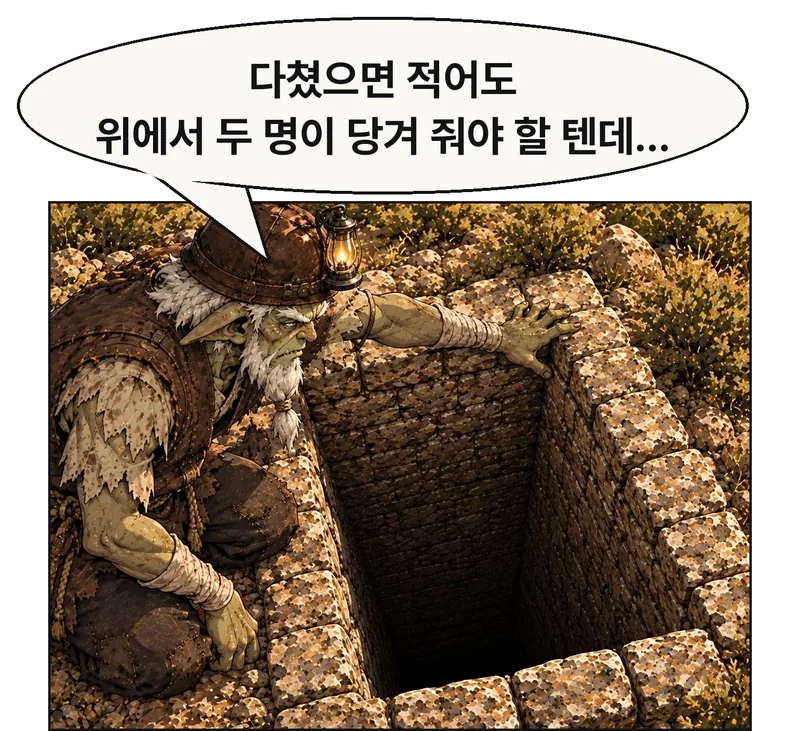돌이빨이 테두리 옆에서 구멍 아래를 살핀다. 자갈이 발을 다쳐 벽을 디디며 오를 수 없으므로 위에서 두 사람이 줄을 당겨야 한다고 판단한다. 돌이빨과 빈그릇은 위에 남고 그림곱이 아래로 내려갈 역할 분담의 계기다. 먼저 깔린 발을 빼야 하므로 그림곱은 다음 컷에서 돌 크기를 묻고 지렛대를 챙긴다. 기존 수직 구멍·원화·인물 위치는 유지한다. 업고 통과할 폭을 재는 판단으로 연출하지 않는다. / 돌이빨: 다쳤으면 적어도
위에서 두 명이 당겨 줘야 할 텐데…