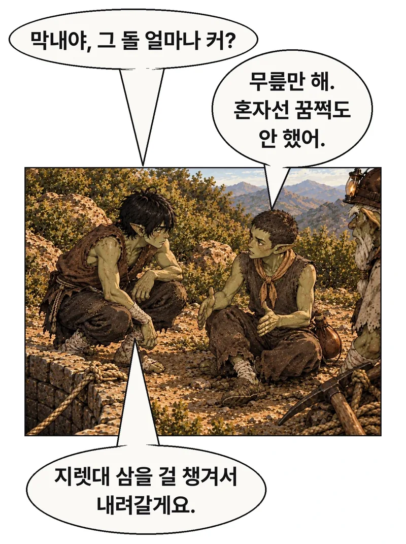 그림곱이 구멍에서 막내 쪽으로 돌아앉아 같은 눈높이로 묻는다. 막내가 두 손 간격으로 무릎 높이의 돌 크기를 보이며 답한다. 그림곱은 답을 듣고 오른쪽 돌이빨의 공구 쪽으로 시선을 돌린다. 바위 크기를 듣고 지렛대 후보를 챙기는 판단이지 아직 성공을 확정하는 장면이 아니다. 옆돌을 깨거나 인방 지지를 잃는다는 대사·문틀 도해는 전부 없앤다. 새 대사 세 개는 질문→막내의 답→그림곱의 계획 순서다. / 그림곱: 막내야, 그 돌 얼마나 커? / 막내: 무릎만 해.
혼자선 꿈쩍도 안 했어. / 그림곱: 지렛대 삼을 걸 챙겨서
내려갈게요.