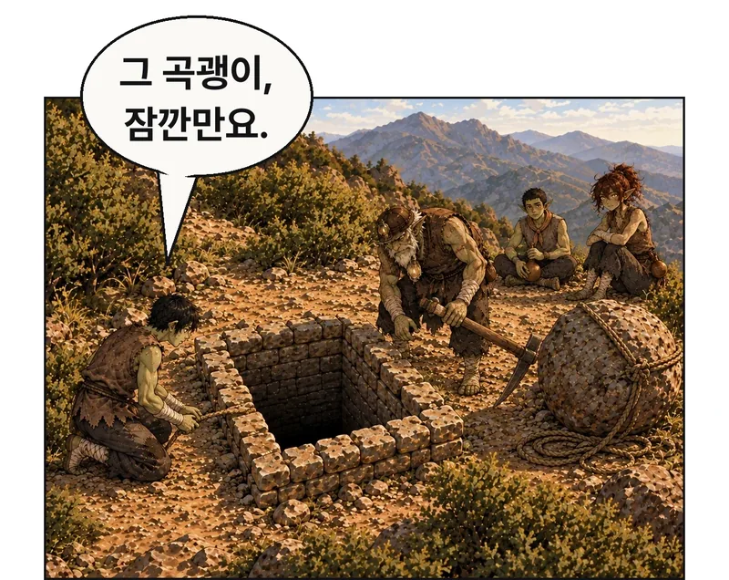 돌이빨이 오른쪽 고정 바위 뒤에 두었던 자기 곡괭이를 집는다. 이전 프레임 밖 공구 자리가 처음 드러난다. 그림곱은 자루와 네모 구멍을 번갈아 본다. 막내는 오른쪽 뒤 평지, 빈그릇은 그 곁에 남는다. 곡괭이는 받침목이 아니라 발을 누른 돌을 조금 움직일 지렛대 후보다. 기존 원화의 인물·공구 동작을 살리되 배경에 옛 수평문이 보이면 그 부분을 수정한다. / 그림곱: 그 곡괭이, 잠깐만요.