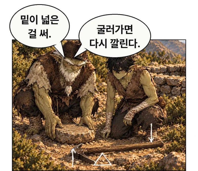50에서 빌린 곡괭이 곁에 돌이빨이 밑이 넓은 납작한 받침 돌을 놓는다. 그림곱은 짧은 철 끝과 길게 남는 자루를 살핀다. 조립의 설명층은 받침점 삼각형과 힘 방향 화살표만, 실제 바닥 낙서나 누군가 분필로 그리는 동작은 없다. 두 대사 모두 돌이빨이 그림곱에게 한다. 지렛대 적용은 아래에서 실제 돌과 접점을 확인한 뒤다. / 돌이빨: 밑이 넓은 걸 써. / 돌이빨: 굴러가면 다시 깔린다.