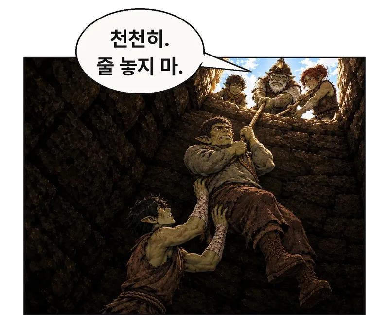 수직 구멍 바닥 쪽의 사선 상향 시점. 자갈이 몸을 세우고 같은 줄 끝으로 만든 겨드랑이 아래 몸통 고리를 두 손으로 붙잡은 채 위로 들리기 시작한다. 아픈 왼발은 딛지 않는다. 그림곱은 바로 아래 바닥에 발을 딛고 자갈의 골반·등을 받쳐 벽에 부딪히지 않게 한다. 위 네모 빛에는 돌이빨·빈그릇이 같은 줄을 당기는 모습이 보인다. 막내는 위에서 도울 준비를 한다. 작은 구멍을 업고 둘이 동시에 통과하지 않는다. 줄 고리를 거는 과정은58→59 사이,들려 올라간 뒤 그림곱이 닿지 않는 높이에서는 위 두 사람이 하중을 맡는다. 곡괭이는 고임 완료 뒤 갱도 벽 옆에 두었고 주머니는 비었다. / 돌이빨: 천천히. 줄 놓지 마.