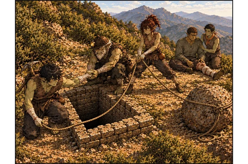 자갈은 이미 구멍 오른쪽 뒤 평지에 옮겨 앉았고 막내가 어깨를 받친다. 다친 왼발과 반대쪽 발을 모두 화면 안에 두며 왼발은 앞으로 뻗는다. 같은 줄은 자갈 몸에서 풀어 다시 내려 보냈다. 마지막으로 올라온 그림곱이 줄을 왼손에 쥔 채 무릎 하나를 테두리 밖 땅에 올리는 한 순간을 잡는다. 돌이빨은 테두리 옆에서 팔을 받치고 빈그릇은 줄을 놓지 않는다. 그림곱은 곡괭이를 등에 다시 묶어 회수해 올라왔다. 다섯 명의 위치가 분명하고, 별도 구조 인원·새 줄은 없다. 61전에 그림곱이 도구를 내려놓고 자갈 곁에 앉는 짧은 이동은 생략한다.