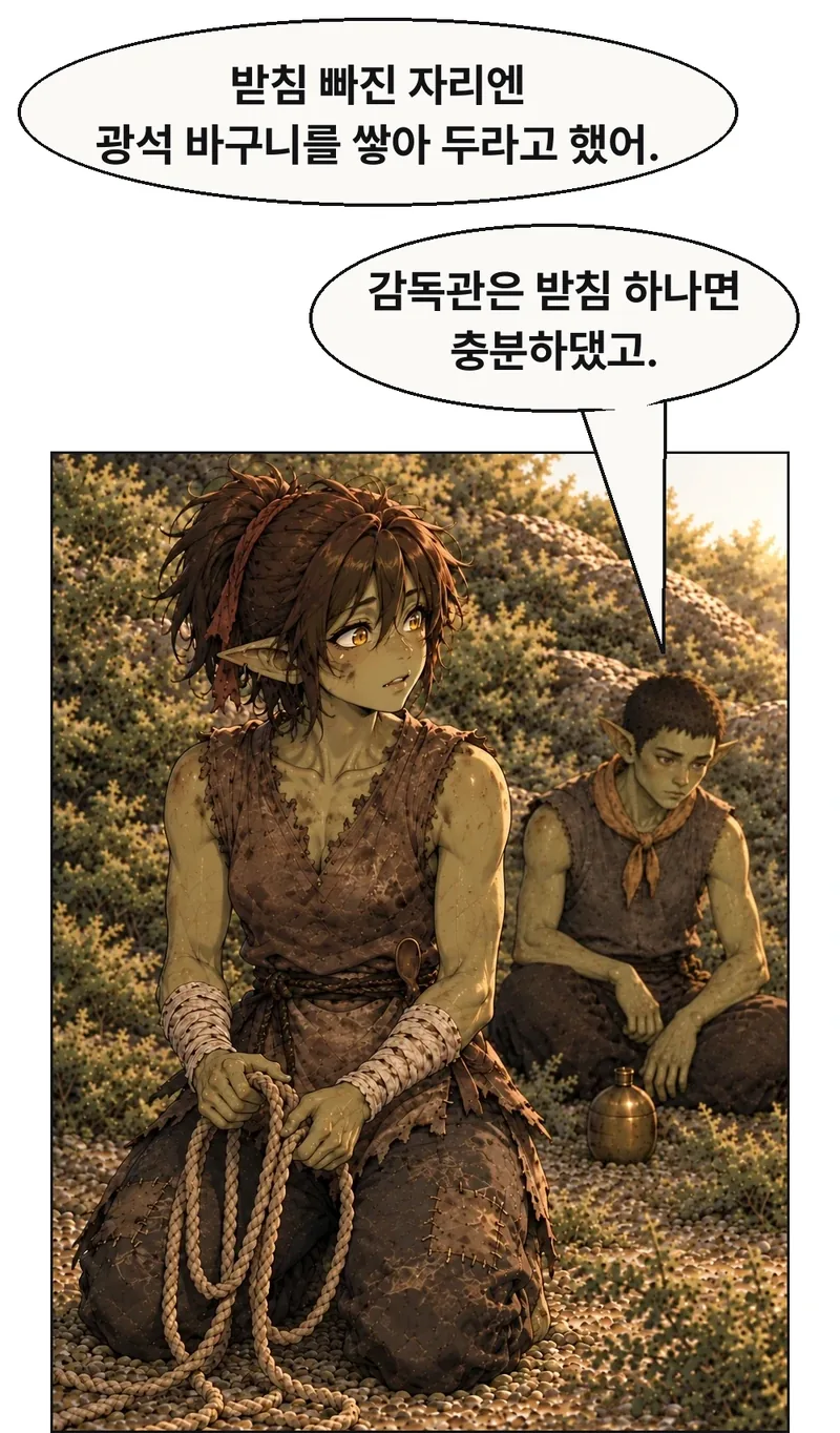 작은 성인 막내가 자갈 곁에서 말을 잇는다. 황토색 목수건·짧은 직모·맨손으로 빈그릇과 구별한다. 자신이 직접 들었던 광석 바구니 적재 지시와 감독관의 말을 그림곱에게 전한다. 손은 아래 광산 입구 방향을 가볍게 짚고 실제 바구니를 새로 가져오지 않는다. 받침이 빠진 자리 앞에 광석 바구니를 쌓으라는 지시였음을 분명히 하되 누가 왜 숨기려 했는지는 단정하지 않는다. 65는 이미 보인 바구니의 가림만 재사용한다. 제거를 직접 봤다는 증언은 자갈의63에만 남긴다. 빈그릇은 곁에서 듣고, 그락은 아래 마당에 있어 이 대화를 듣지 못한다. / 막내: 받침 빠진 자리엔
광석 바구니를 쌓아 두라고 했어. / 막내: 감독관은 받침 하나면
충분하댔고.