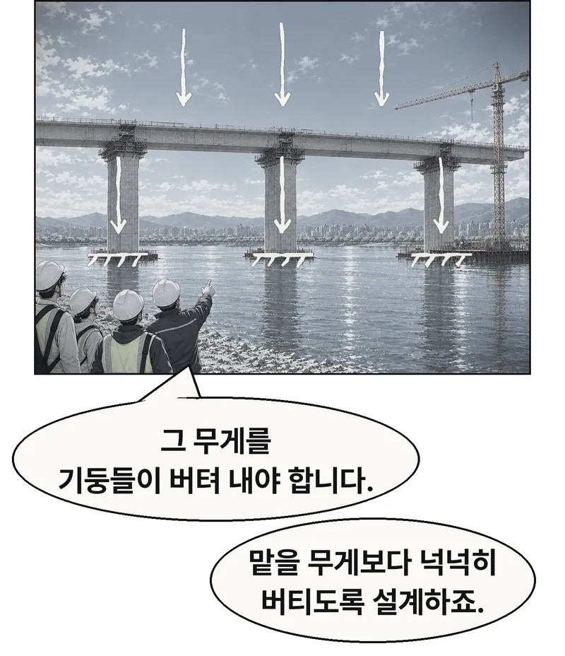 같은 다리의 상판과 교각 셋을 넓게 잡는다. 조립 때 실제 다리 위에 설명용 하중 화살표만 겹친다. 상판의 자중과 개통 후 차 무게가 아래로 작용하고, 상판에서 세 교각을 거쳐 지반으로 이어지는 흐름이다. 가상의 차량은 필요한 경우 얇은 윤곽으로만 구별하며 실제 공사장 통행으로 그리지 않는다. 세 교각에 정확히 3분의 1씩 나뉜다는 수치나 같은 굵기의 분배 표시는 넣지 않는다. 벽 분필 도해와 안전율 숫자 예시는 없앤다. 기술자의 설명은 앞 컷의 중력을 받아 기둥이 나눠 받치는 기능과 여유만 말한다. / 현장 기술자: 그 무게를
기둥들이 버텨 내야 합니다. / 현장 기술자: 맡을 무게보다 넉넉히
버티도록 설계하죠.
